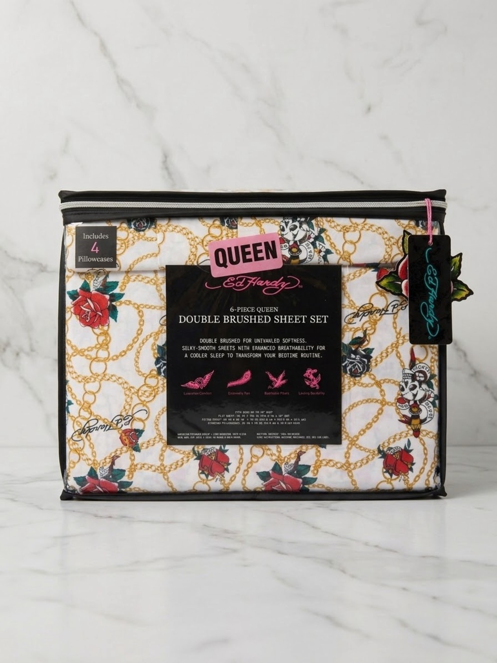 NWT Queen Ed Hardy Queen Brushed Sheet Set - White with Multicolor Print - Picture 2 of 2
